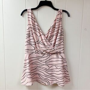 CAbi Coquette Romantic Cocktail Faux Wrap Peplum Top SZ 8 Blush Pink Gray Flirty